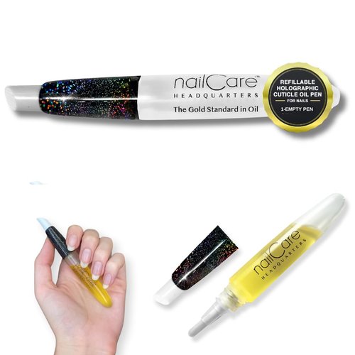 Refillable Holographic Cuticle Oil Pen for Nails - Empty Holo Squeeze Nail Oil Pen with brush from Nail Care Headquarters by Bliss Kiss | 1 Pen