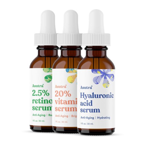 ASUTRA Serum Variety Pack, 3 Products - 1 fl oz 2.5% Retinol Face Serum, 1 lf oz 20% Vitamin C Face Serum, 1 fl oz Hyaluronic Acid Face Serum