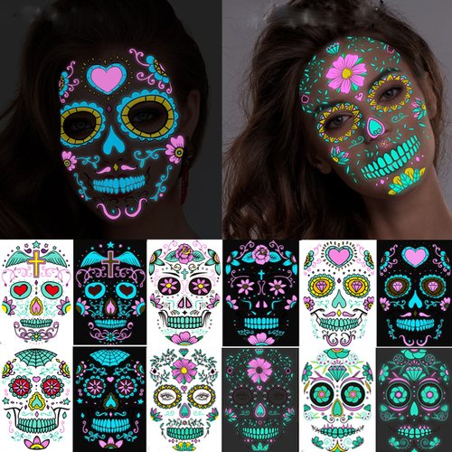 Halloween Day of Dead Face Tattoos, Neon Sugar Skull Face Tattoo,6-Sheet Shimmer Designs Glow UV Neon Body Face Skin Tattoo Stickers for Men Boys Body Art