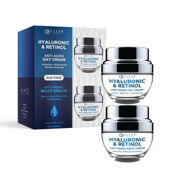 Clear Beauty Korean Hyaluronic & Retinol Day/Night Moisturizer Set - Moisturizing & Hydrating Fine Lines & Wrinkles Treatment - Cruelty Free - Clean Beauty - All Skin Types Anti-Aging Cream 1.69oz X2