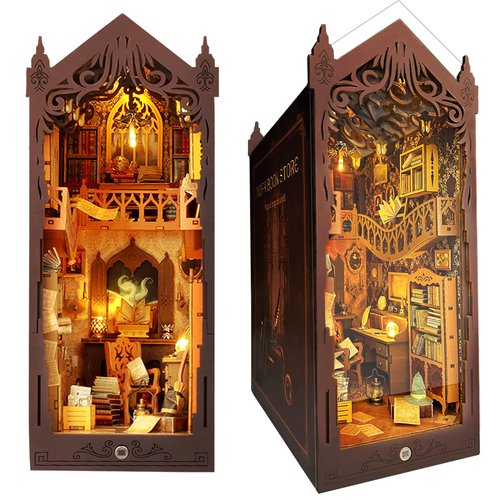 DIY Book Nook Kit, Dollhouse Wooden Mini House Kit, 3D Wooden Puzzle Book Nook Kit with Sensor Led Lights, Bookshelf Insert Decoration for People from 14 Years