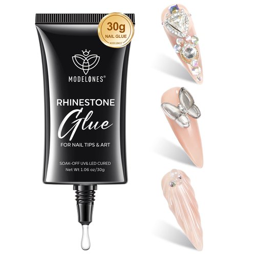 Modelones 4-in-1 Rhinestone Glue for Nails, Super Strong Nail Glue for Press on Nails，Nail Gems and Nail Charms, No Wipe Nail Art Glue for Nail Rhinestones, Nail Jewel Diamonds, 30 g Cured Need