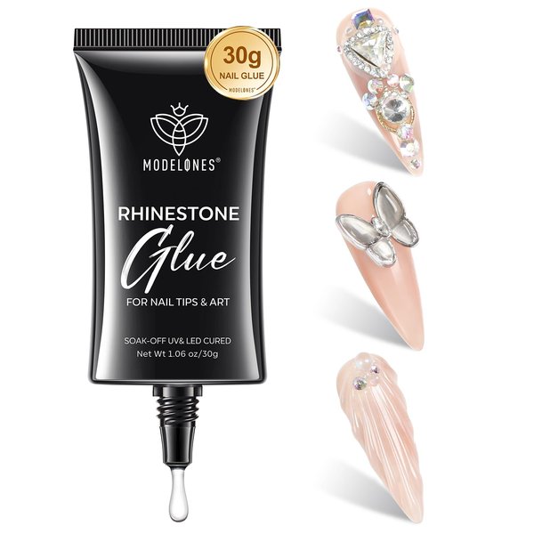 Modelones 4-in-1 Rhinestone Glue for Nails, Super Strong Nail Glue for Press on Nails，Nail Gems and Nail Charms, No Wipe Nail Art Glue for Nail Rhinestones, Nail Jewel Diamonds, 30 g Cured Need
