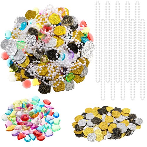 Crowye 180 Pcs Pirate Treasure Pirate Gold Fake Coins Toy Gems ang Jewels Multicolor Diamonds Coins Beaded Necklace Playset Pirate Decor for Pirates Themed Table Adventure Pool Party(Vintage)