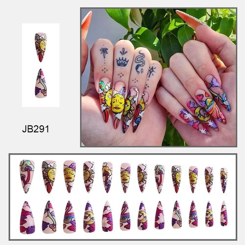 24Pcs Long Press on Nails Pointed Stiletto Fake Nails Colorful Sun Moon God Cloud Design Full Cover Glossy Acrylic Nails Almond Shape False Nails Reusable Artificial Glue on Nails for Women Manicure