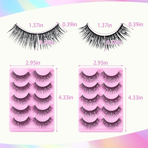 ANCIRS 2 Boxes(20pcs) Diamond False Eyelashes for Makeup, Natural Rhinestone Decorative Faux Mink Lashes, False Eye Lashes for Valentines Halloween New Year Cosplay Party Stage Decor