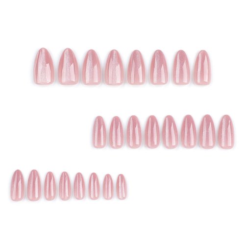 Almond Press on Nails Medium Fake Nails Pink False Nails with Design Glitter Glue on Nails Glossy Acrylic Nails Full Cover Stick on Nails Shiny Artificial Nails for Women Manicure 24Pcs