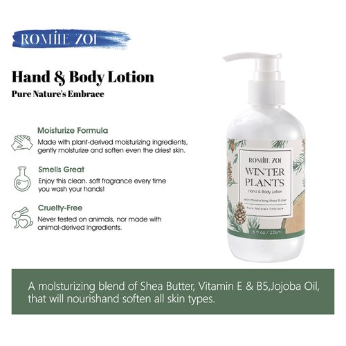 ROMIIE ZOI Christmas Hand & Body Lotion with Moisturizing Shea Butter - Winter Plants - Infused with Winter Pine Scent - 236 ML / 8 FL OZ
