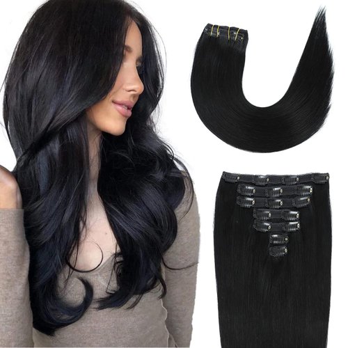 Clip in Hair Extensions Real Human Hair 14Inch 120g/set Straight Human Hair Clip in Extensions 7pcs Thick Remy Brazilian Human Hair Clip ins for Women Jet Black Color