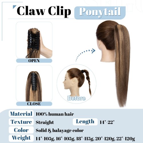 SEGO Claw Clip Ponytail Extension Human Hair Clip in Ponytail Hair Extensions Real Human Hair Pony Tails Hair Extensions Long Straight For Women 14 Inch Medium Brown&Dark Blonde 105 Gram