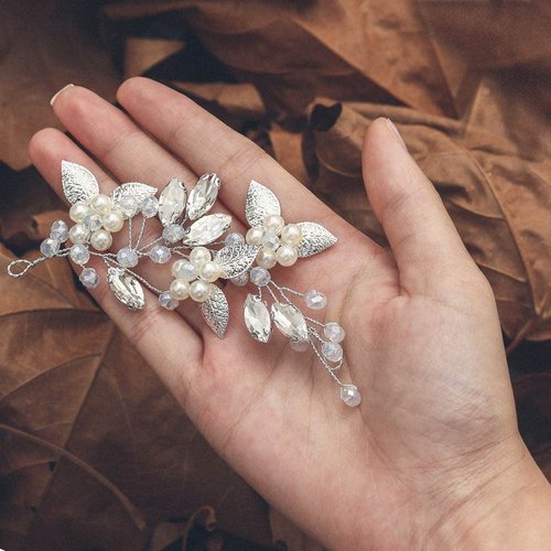 Heread Leaf Bride Wedding Hair Vine Silver Pearl Hair Pieces Opal Rhinestones Bridal Headpiece Hair Accessories for Women and Girls