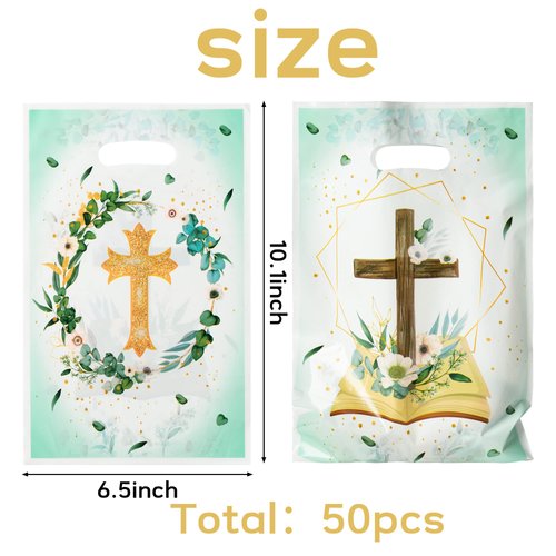3sscha 50Pcs Cross Party Favor Bag Baptism First Communion Waterproof Goodie Bag with Die Cut Handles God Bless Church Religious Plastic Gift Bags for Kids Birthday Baby Shower Decoration Supplies