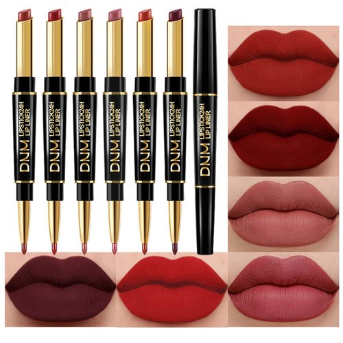 evpct 6Pcs Red Lip Liner and Lipstick Lip Stain Crayon Gift Set for Women DNM Dark Deep Red Nude Long Lasting 24 Hour Matte Color Stay, labiales mate 24 horas originales