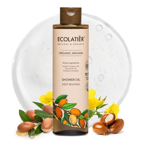 ECOLATIÈR Shower Oil with Organic Argan & Primrose Oil - Moisturizing Body Wash for Women, 95.5% Natural, Vegan, for Sensitive Skin - Deep Hydration & Silky Smooth Feel, 8.5 Fl Oz