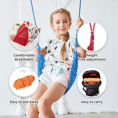 ROPECUBE Hand-Knitting Kids Swing, Indoor Outdoor Portable Tree Swing Seat,Adjustable Ropes, with Hanging Strap and Snap Hook for Camping Hiking Backyard Playset and Playroom, Easy Install(Blue)…