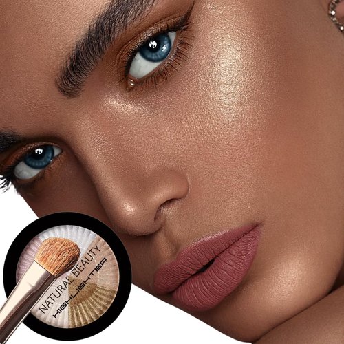 Movo Highlighter Powder Makeup Palette 5 Colors Shimmer Glitter Highlighter Palette High Pigment Face Illuminator Makeup and 2-Piece Brush Set (Light）