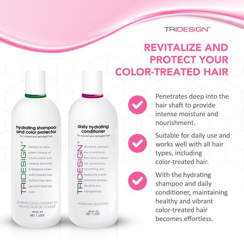TRI Design Hydrating Shampoo & Color Protector w/Daily Hydrating Conditioner, Shampoo and Conditioner for Color-Treated Hair, All Hair Type Moisturizing Shampoo and Conditioner, Scented, Liter Set