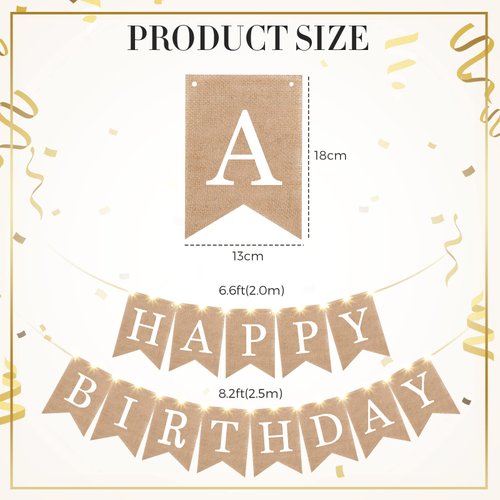 Breling 2 Pieces Burlap Happy Birthday Banner Flags and 2 Pieces Mini LED Fairy Lights Battery Rustic Birthday Banner Garland Bunting for Adult Women Men Birthday Party Decoration Fireplace Supplies