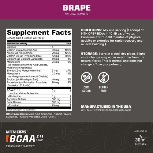 MTN OPS BCAA 2:1:1 Amino Acids Supplement Powder for Rapid Muscle Recovery & Repair with Zero Sugar & Gluten Free, 30 Servings (Grape)