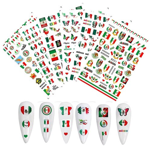 Mexican Flag Nail Art Stickers Patriotic Nail Decals 3D Self Adhesive Nail Art Supplies Mexico Flag Badge Heart Skull Butterfly Nail Design Stickers for Nail Art Decoration DIY Manicure Tips(6 Sheets)