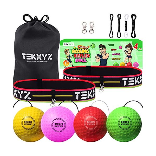 TEKXYZ Boxing Reflex Ball Family Pack, 4 Different Boxing Ball with Headband, Perfect for Reaction, Agility, Punching Speed, Fight Skill and Hand Eye Coordination Training