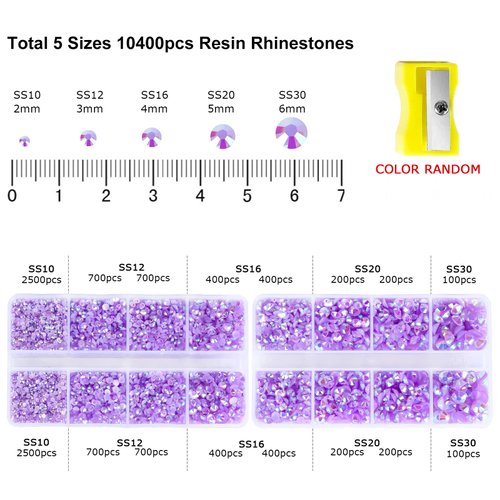 10400PCS Light Purple Rhinestones, Jelly Resin Rhinestones for Nails, Flatback Non Hotfix Crystals DIY Rhinestones for Crafts with 15 cm Pencil Sharpener and Tweezer & Picker Pen (Light Purple AB)