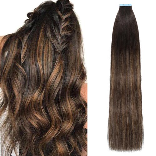 MIBOLT Tape in Hair Extensions Human Hair Double Sided Tape for Skin Weft Straight Hair Extensions Tape in Straight Seamless Skin Weft Remy Tape in Hair Extensions（16Inch #T2/6/2）