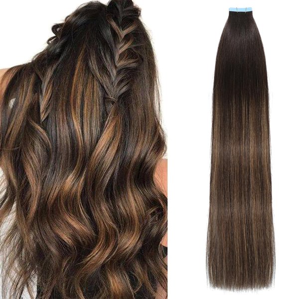 MIBOLT Tape in Hair Extensions Human Hair Double Sided Tape for Skin Weft Straight Hair Extensions Tape in Straight Seamless Skin Weft Remy Tape in Hair Extensions（16Inch #T2/6/2）