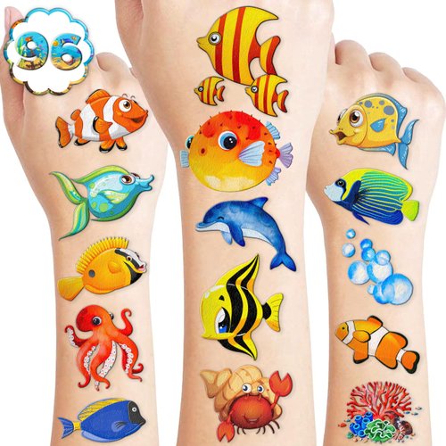 96PCS Tropical Fish Temporary Tattoos Ocean Themed Birthday Party Decorations Supplies Favors Decor Cute Colorful Under The Sea Animals Tattoo Stickers Gifts For Kids Boys Girls School Prizes Carnival