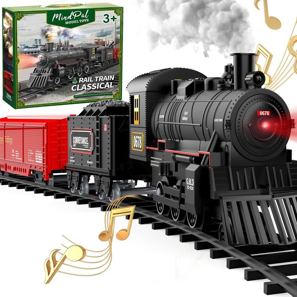 MindPal Train Set, Electric Train Set Toys with Smoke, Lights & Sound, Train Set for Under Christmas Tree with Steam Locomotives, Cars and Tracks, Christmas Train Toys for 3 4 5 6 7+ Years Old Kids