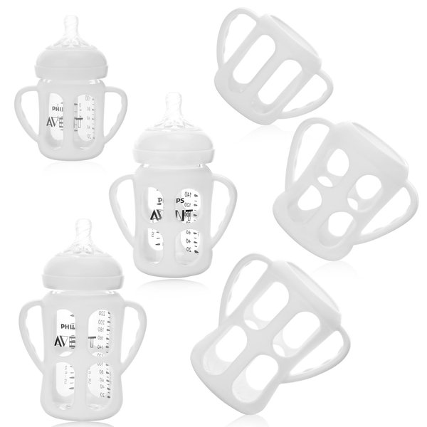 Palksky Baby Bottle Holder for Philips Avent Anti Colic Bottles and Natural Baby Bottle, 3 Pack (4oz, 8/9oz, 11oz) Silicone Anti-Fall Protective Case with Handle for Glass Bottle