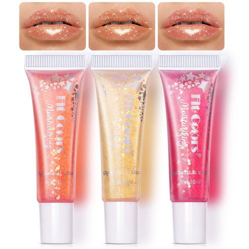 DAGEDA 3PCS Glitter Lip Gloss, Non-Sticky Color Changing Lip Oil, Moisturizing Shiny Lip Glow Oil, Natural High-Shine Shimmer Lip Gloss, Nourishing Sparkly Lip Gloss for Lip Care, Classic Set