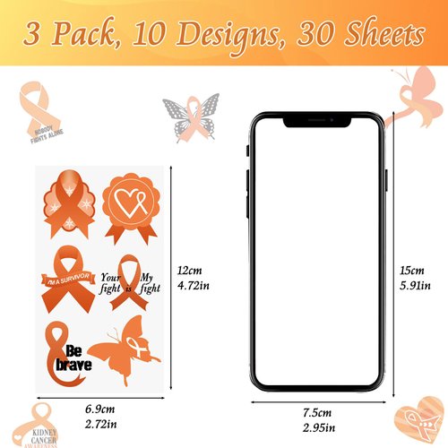 WANDIC 30 Sheets Orange Ribbon Temporary Tattoos, Leukemia Awareness Tattoo Sticker Lymphoma Kidney Cancer Awareness Stickers for Charity Eveny