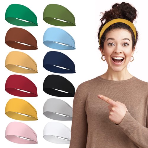 LOTUS78, Pack of 12 Wide Headbands for Women Non Slip, Fashionable Sports Hair Bands for Women's Hair, Soft Elastic Stretchy Head bands, Yoga Workout Headbands for Women Daily Fashion(Feel icon)