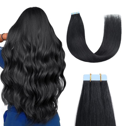 Sunya Tape in Hair Extensions Human Hair Jet Black 22 inches Straight Tape in Real Human Hair Seamless Skin Weft Tape in Hair Extensions #1 Color 50 Gram 20Pcs/Pack