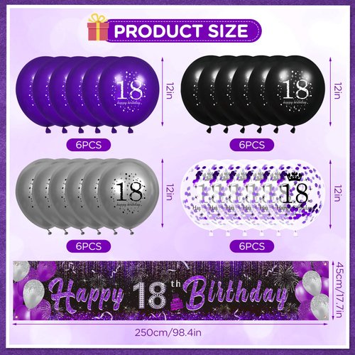 Purple 18th Birthday Decorations, Black Purple Silver Happy 18th Birthday Yard Banner and 24pcs 18th Birthday Balloons for Women Girls 18th Birthday Anniversary Party Supplies Indoor Outdoor Decor