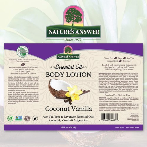 Nature's Answer Coconut Vanilla Body Lotion With Pump, Pure Essential Oil, All Natural, Vegan, Gluten Free, Non GMO 16 FL Oz | For Sensitive Skin | Natural Exfoliation