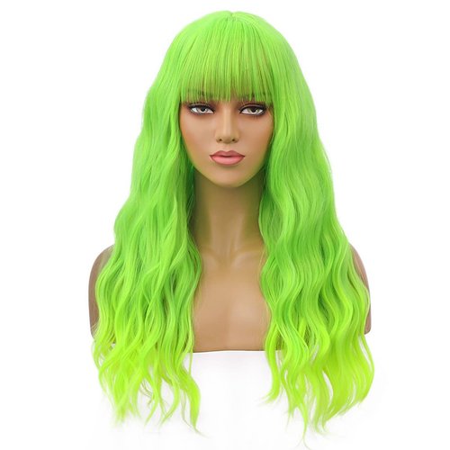 BERON 26 Inches Green Wig Long Curly Wig with Bangs Neon Green Wig Synthetic Wig Women Girls Gree...