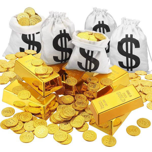 Liliful 100 Pirate Gold Coins, 6 Fake Gold Bar with 6 Canvas Money Bags Replica 6.5 Inch Fake Gold Brick Halloween Pirate Costume Party Supplies Treasure Hunt Game Party Favors Movie Prop Money
