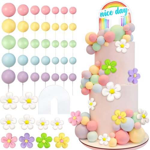 46 PCS Acrylic Rainbow Cake Toppers Colorful Balls Cake Decorations Boho Daisy Flower Cake Toppers for Wedding Baby Shower Birthday Party Supplies (Colorful)