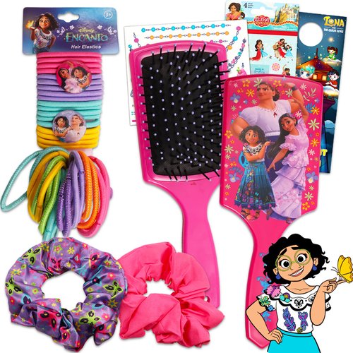 Encanto Hair Accessories Set - Bundle with Mirabel Scrunchies, Hair Ties, and Brush Plus Stickers, Temporary Tattoos, More | Encanto Hair Supplies