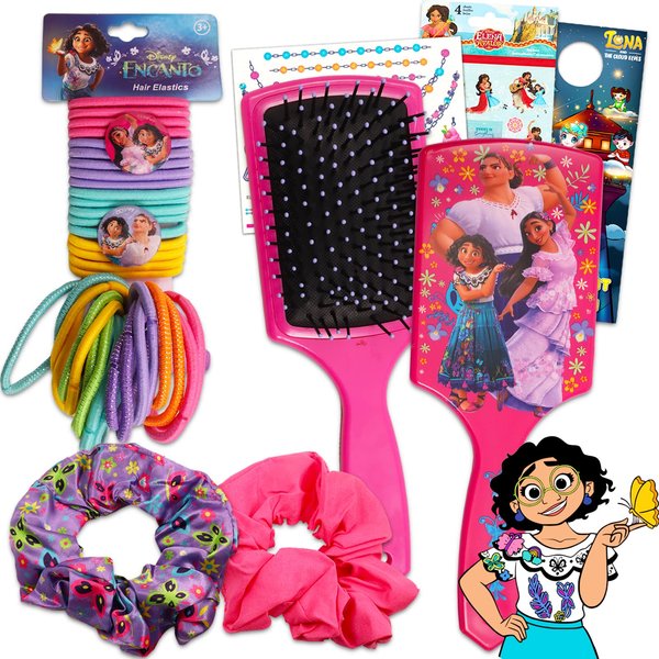 Encanto Hair Accessories Set - Bundle with Mirabel Scrunchies, Hair Ties, and Brush Plus Stickers, Temporary Tattoos, More | Encanto Hair Supplies