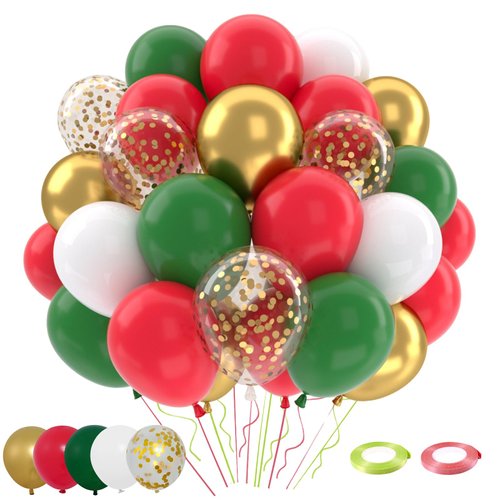 Patimate Red and Green Christmas Balloons Set, 50 pcs 12 inch Metallic Gold Green Red White Confetti Latex Balloons Kit for Christmas Grinch Birthday Party Decorations