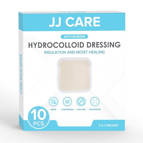 JJ CARE Hydrocolloid Dressing 2x2 [Pack 10], 0.8MM Thick Hydrocolloid Bandages with Border, Self-Adhesive Thin Hydrocolloid Wound Dressing, Wound Care Bandages for Bedsores and Blisters