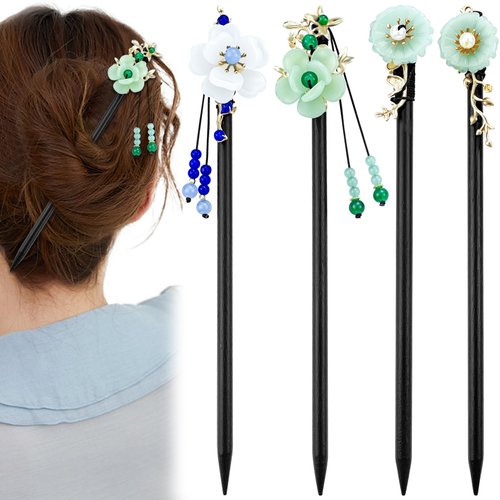 4 Pcs Japanese Chinese Hair Sticks Pearl Retro Wooden Hairpin Flower Hair Chopsticks Vintage Hanfu Pins Headdress Classic Hair Fork for Long Hair Women