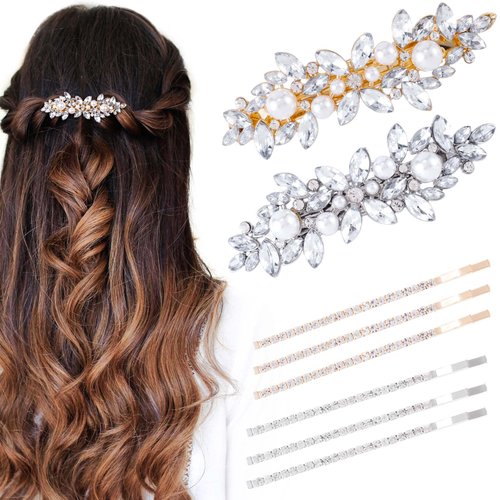 HINZIC 2Pcs Pearl Hair Barrettes, 6Pcs Metal Bobby Pins Sparkly Rhinestone Hair Clips Decorative Wedding Prom Valentines Hair Pins Accessories for Bride Women Girls Fine Thick Long Hair(Silver Gold)