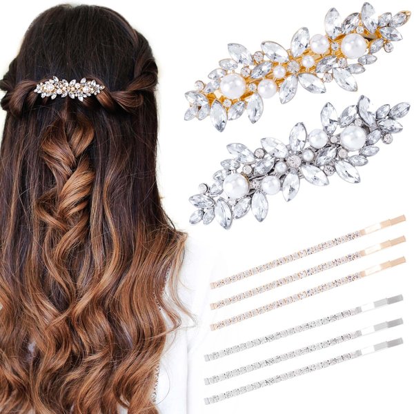 HINZIC 2Pcs Pearl Hair Barrettes, 6Pcs Metal Bobby Pins Sparkly Rhinestone Hair Clips Decorative Wedding Prom Valentines Hair Pins Accessories for Bride Women Girls Fine Thick Long Hair(Silver Gold)