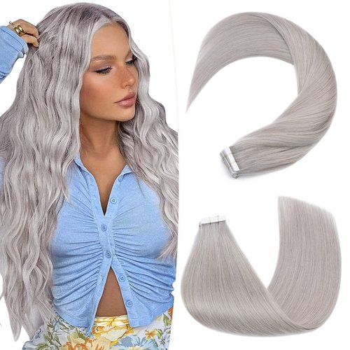 Hairro Tape In Hair Extensions Human Hair Remy Tape On Extensions Adhesive Skin Weft Tape In Hair Natural Glue in Hairpieces Full Head Grey Remy Tape Extensions 14 inch 40g 20pcs #GREY