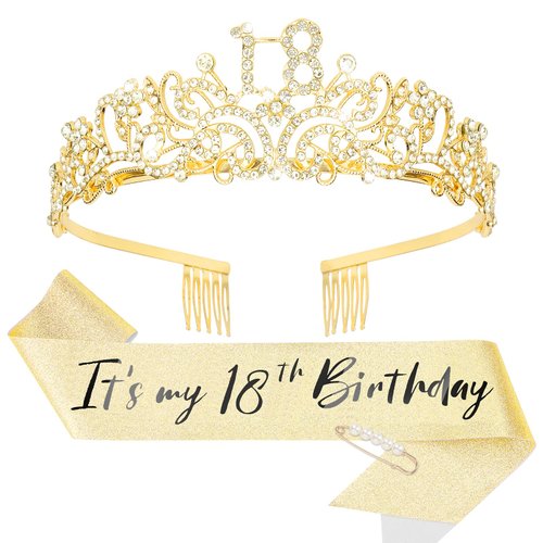 CIEHER 18th Birthday Crown and Sash + Pearl Pin Set, Gold 18th Birthday Decorations for Girls 18th Birthday Gifts 18th Birthday Sash and Tiara