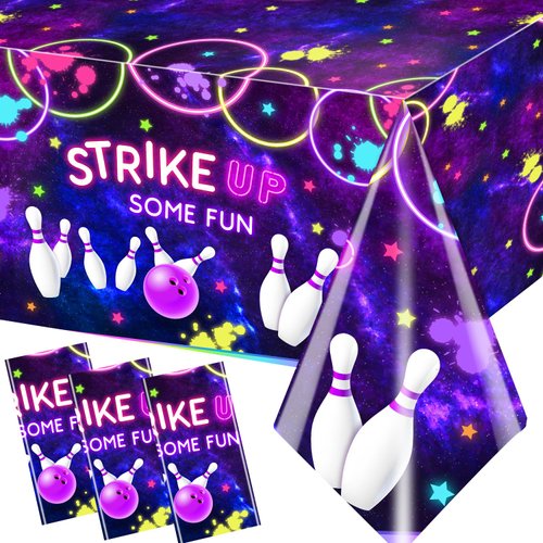 Peghoqu Bowling Birthday Supplies Tablecloth 3Pcs Let's Strike Up Some Fun Bowling Party Decorations Rainbow Neon Glow Girls Birthday Party Favors Disposable Plastic Table Cover